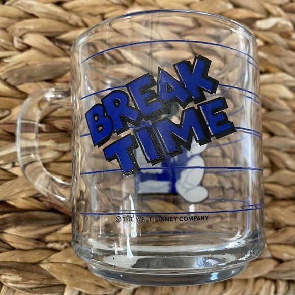 Vintage Walt Disney Mickey Mouse Mug Break Time Clear Glass Cup 80s - Picture 5 of 5